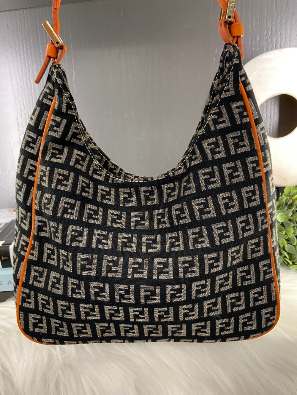 Fendi Vintage Navy Blue Zucchino Canvas Hobo Orange Leather Detail Gold Hardware